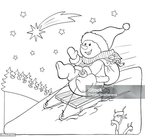 Coloring Book Or Page Snowman On The Sled With Gifts Stock Illustration - Download Image Now