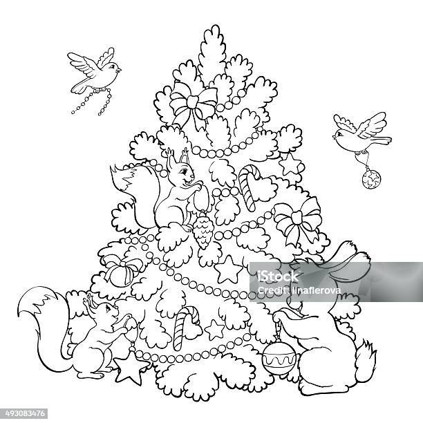 Coloring Book Cartoon Animals Decorate The Christmas Tree Stock Illustration - Download Image Now
