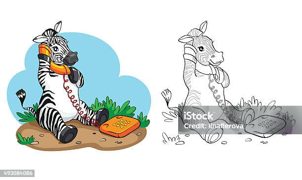 Coloring Book Or Page Zebra With Telephone Stock Illustration - Download Image Now - 2015, Africa, Animal