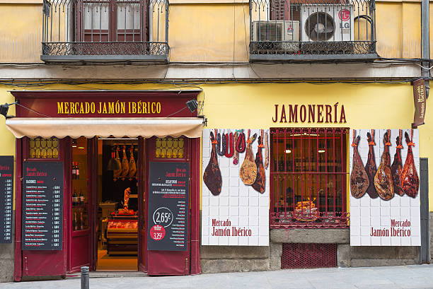 Madrid, Spain - September 13, 2015: Store selling spanish ham (transl. \