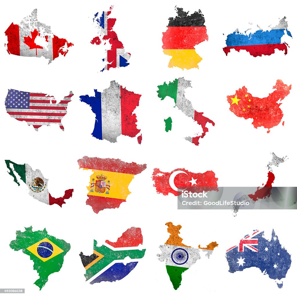 Selection of world flags Set of 16 national flags on map silhouettes of most important countries in the world - Canada, USA, Mexico, Brazil, UK, France, Spain, South Africa, Germany, Italy, Turkey, India, Russia, China, Japan and Australia. Grunge effect added, isolated on white background. Map stock illustration