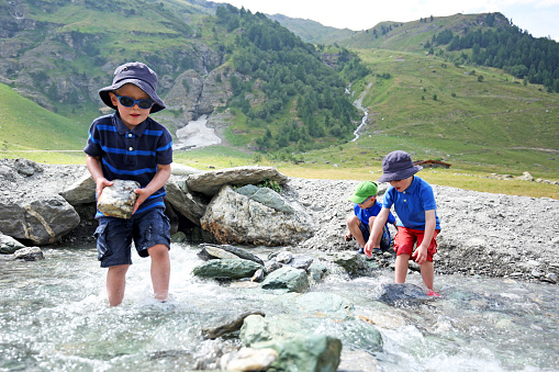 Three little boys are playing in a river on a warm summer day in the mountains in Valais region in Switzerland. The boy in the foreground is carrying a big stone while all three of them are working together on building a water dam.