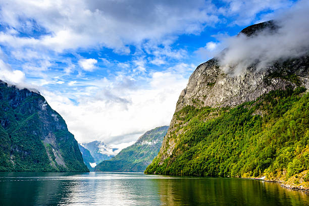 View from the ferry on the narrowest fjord in Norway stock photo
