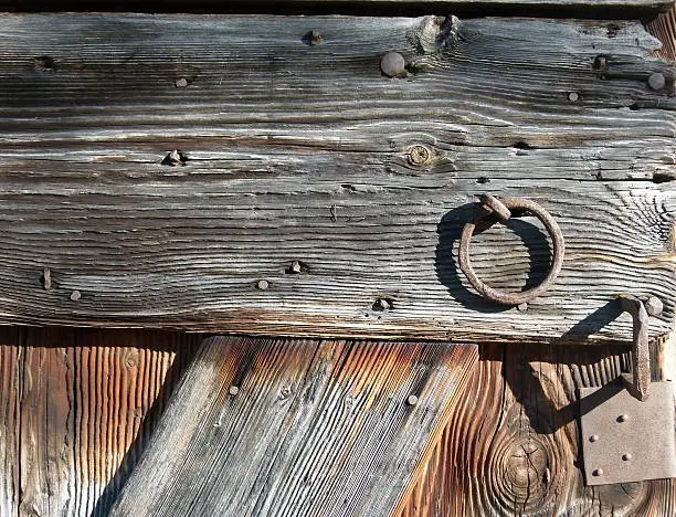 Close-up, wood, wood grain, grain, gate, wooden gate, wood with iron fittings, old, old wooden gate, boards, wooden boards, iron and wood.