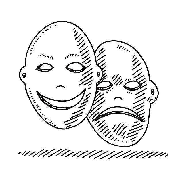Theater Masks Happy And Sad Drawing Hand-drawn vector drawing of two Theater Masks, Happy And Sad Feelings. Black-and-White sketch on a transparent background (.eps-file). Included files are EPS (v10) and Hi-Res JPG. drawing-of-a-sad-happy-mask stock illustrations