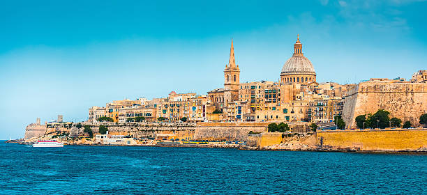 View of Marsamxett Harbour and Valletta scenic View of Marsamxett Harbour and Valletta in Malta valletta photos stock pictures, royalty-free photos & images
