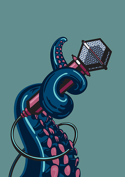 Octopus tentacle is holding a microphone vector art illustration