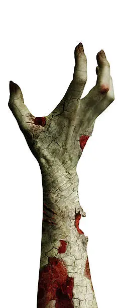 Photo of scary zombie hand with dirty fingers isolated on white