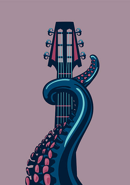 ilustraciones, imágenes clip art, dibujos animados e iconos de stock de pulpo tentáculo mantiene una guitarra riff. - riff