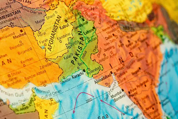 Map Afghanistan and Pakistan close-up macro image. Selective focus