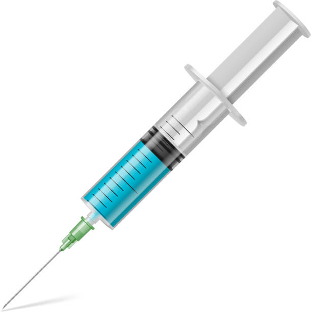 ilustrações, clipart, desenhos animados e ícones de seringa de líquido azul - syringe injecting vaccination healthcare and medicine