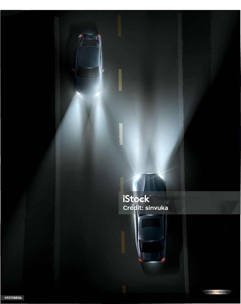 Cars on a night road. Two cars driving on a dark night road. High quality vector illustration. Each car is in different group so its easy to move up or down. Car stock vector