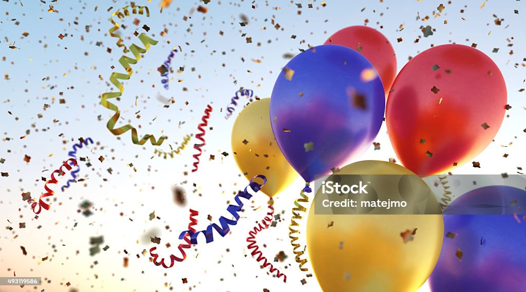Confetti Balloons A10 A bundle of metallic colored balloons flying through many colorful confetti flakes and swirled ribbons. The whole scene is situated on a clear sky background. Balloon Stock Photo