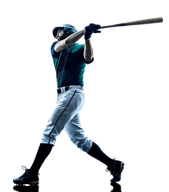 man baseball player silhouette isolated one caucasian man baseball player playing  in studio  silhouette isolated on white background batsman photos stock pictures, royalty-free photos & images