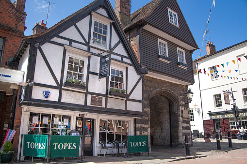 Rochester, UK - May 16, 2015: Rochester high street view. Restaurant locates in ild English gate town