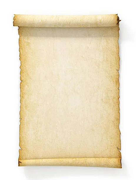 Scroll of old yellowed paper on white background.