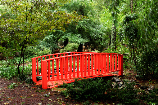 Red bridge in a garden setting.