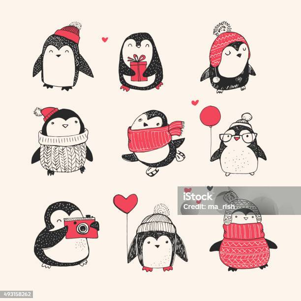 Cute Hand Drawn Penguins Set Merry Christmas Stock Illustration - Download Image Now - Winter, Animal, Animal Markings