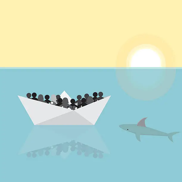 Vector illustration of Refugees boat following by a shark