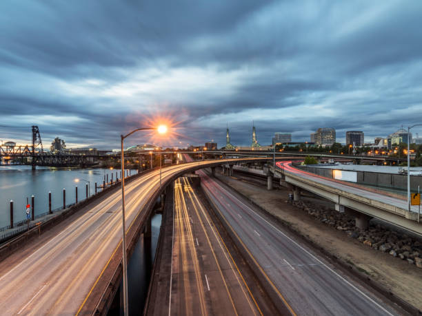 istock overpass with sunset,Portland 493158718