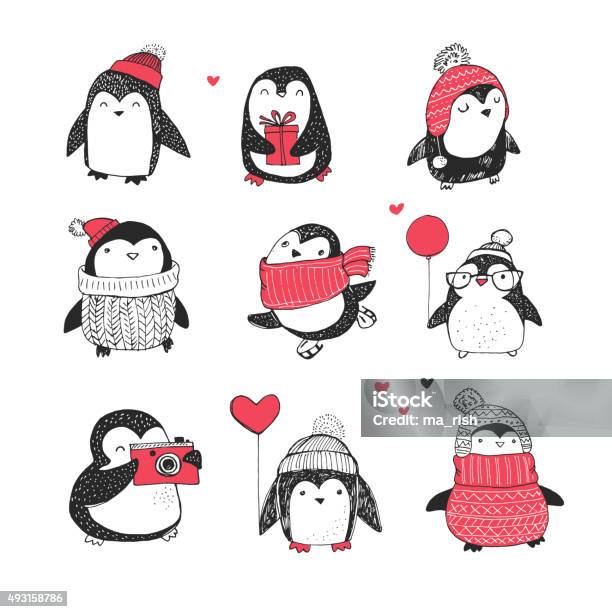 Cute Hand Drawn Penguins Set Merry Christmas Greetings Stock Illustration - Download Image Now