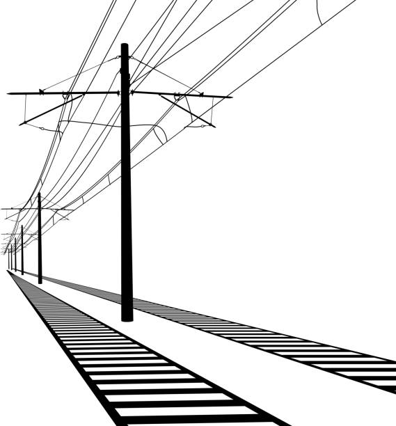 ilustrações, clipart, desenhos animados e ícones de railroad linhas de cima. entre em contato com um fio de arame. ilustração vetorial. - overhead wires