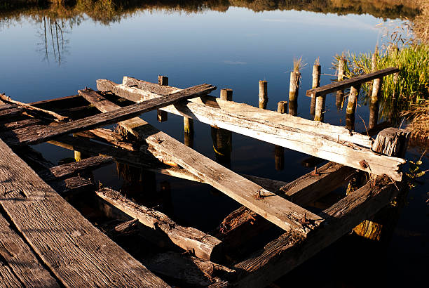 istock Derelict wooden pier and tranquil river Peene reflection at dawn 493160800