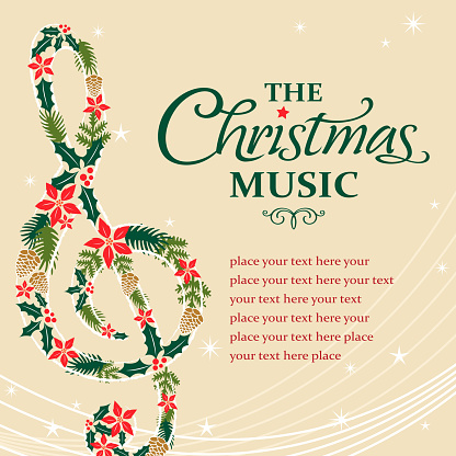 Treble musical notes shape form christmas floral with copy space background.