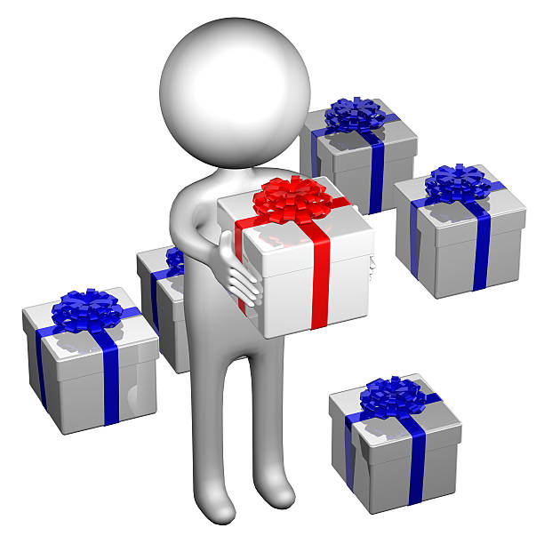 istock 3d Man with gift boxes tied ribbon with a bow 493163362