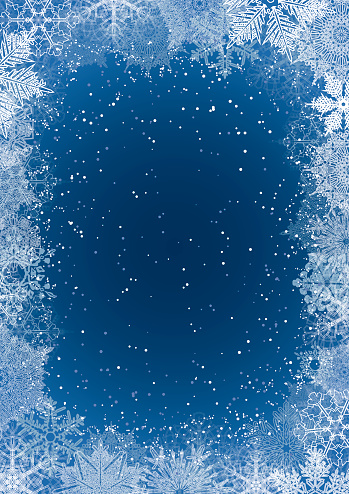 Vector illustration of abstract winter background in blue and white with lot of snowflakes, stars and circles such as frame from all sides the image.In the middle of a dark empty space for your message.Clipping path on file.File contain EPS8 and large JPEG. 