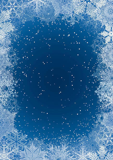 Seasonal snowflake background Vector illustration of abstract winter background in blue and white with lot of snowflakes, stars and circles such as frame from all sides the image.In the middle of a dark empty space for your message.Clipping path on file.File contain EPS8 and large JPEG.  ice borders stock illustrations
