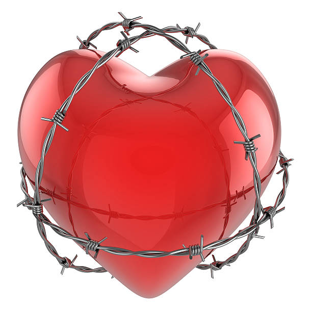 istock Red glossy heart surrounded by barbed wire 3d illustration 493173247