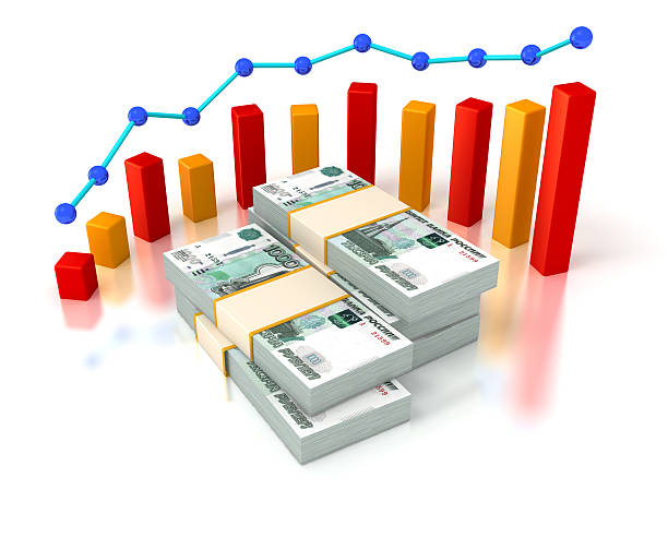 istock Financial succes, Russian Ruble bills and progress chart. 493174633