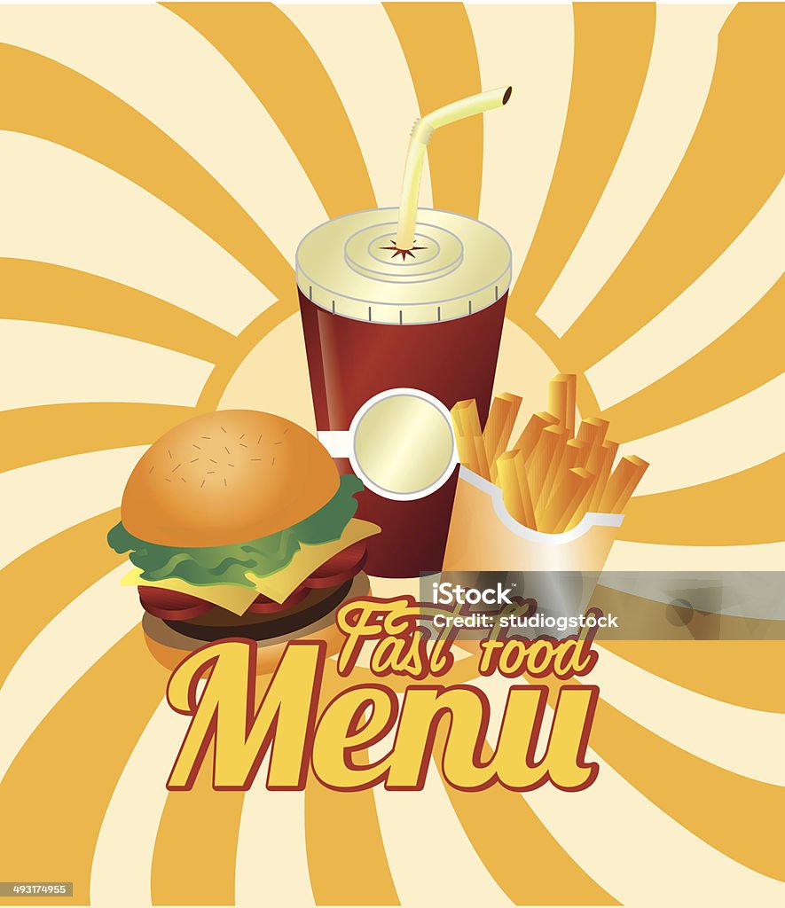 Combinación de una hamburguesa con papas fritas y soda - arte vectorial de Alimento libre de derechos