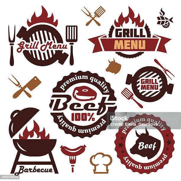 Grill Menu Design Elements Set — стоковая векторная графика и другие изображения на тему Барбекю - Барбекю, Бифштекс, Бургер