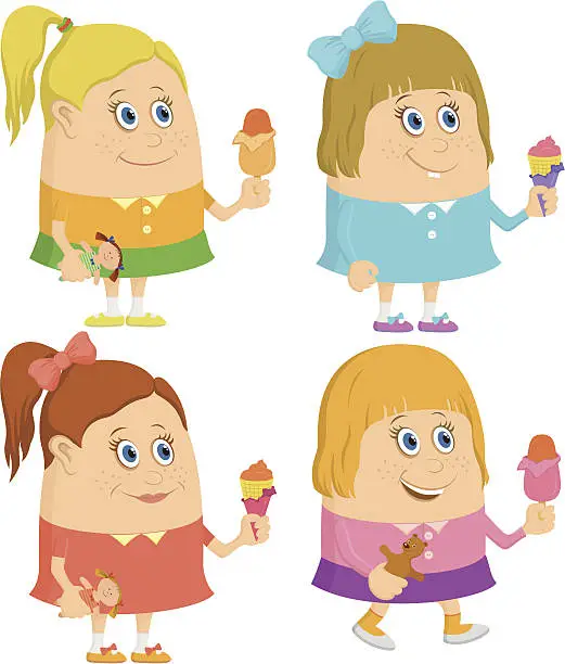 Vector illustration of Little girls with ice cream, set