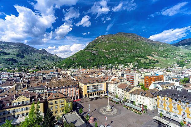 Bolzano A view from above of the main square of the city of Bolzano. The name of the square is Piazza Walther and Bolzano is the main city of Trentino Alto Adige Region. alto adige italy photos stock pictures, royalty-free photos & images