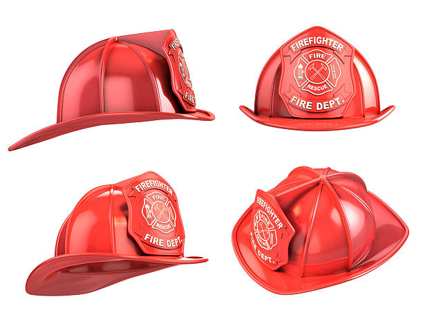 casco de bombero ilustración 3d de varios ángulos - casco bombero fotografías e imágenes de stock