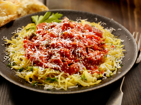 Spaghetti Squash with Tomato Sauce and Toasted Bread - Photographed on Hasselblad H3D2-39mb Camera