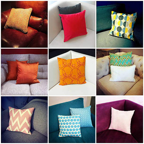 Colorful cushions on the background of a wall with white boards