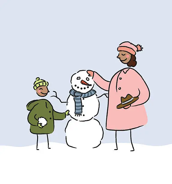 Vector illustration of Mother and son building snowman