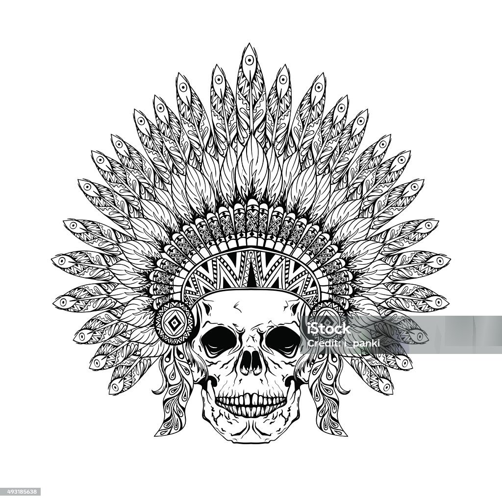 Hand Drawn Skull in Feathered War bonnet, high dataile Hand Drawn Skull in Feathered War bonnet, high datailed headdress for Indian Chief. American boho spirit. Vintage sketch, vector illustration for tattoos, t-shirt print. 2015 stock vector