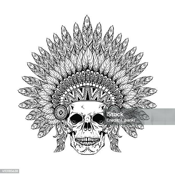 Hand Drawn Skull In Feathered War Bonnet High Dataile Stock Illustration - Download Image Now
