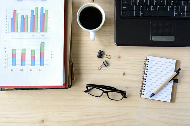 istock Desk office business financial Graph analysis with laptop 493186468