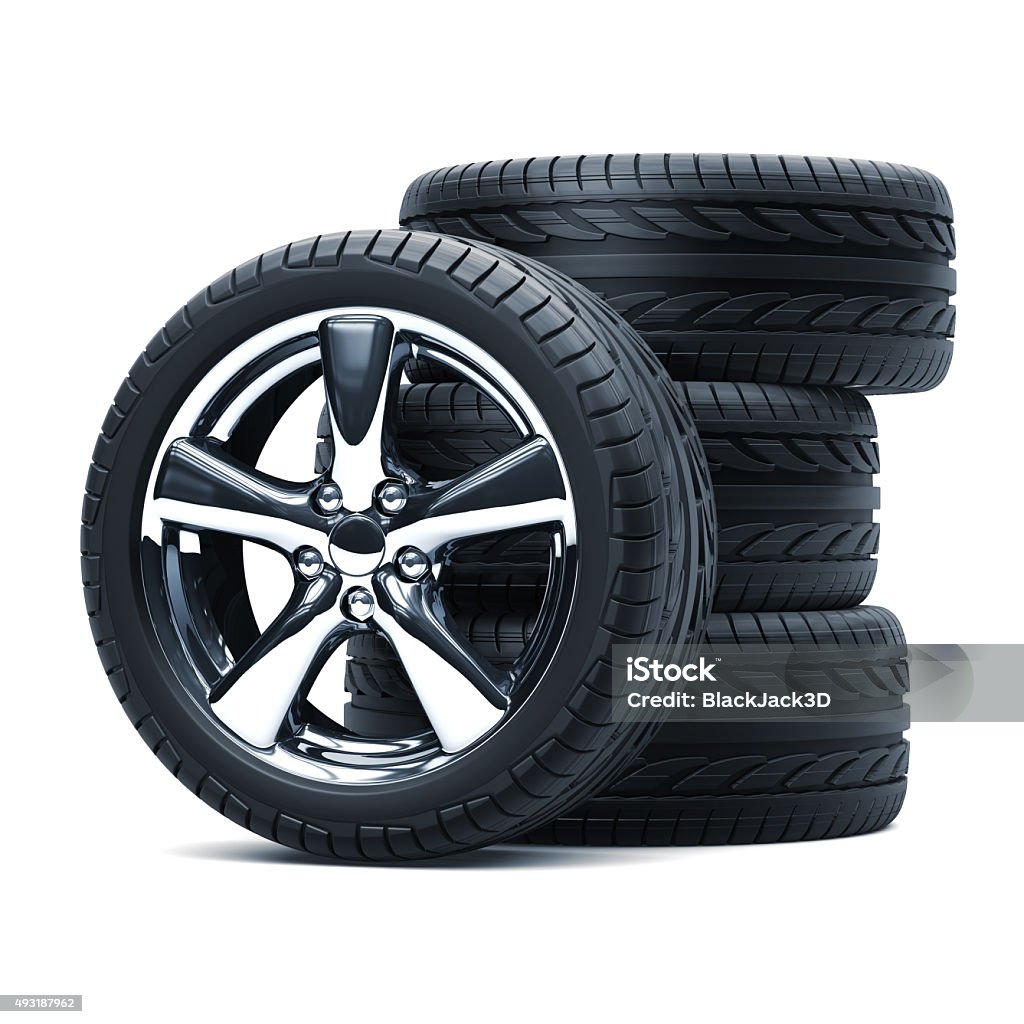 Car Wheels Stack of Car Wheels. Isolated on white with clipping path. 3D render. Tire - Vehicle Part Stock Photo