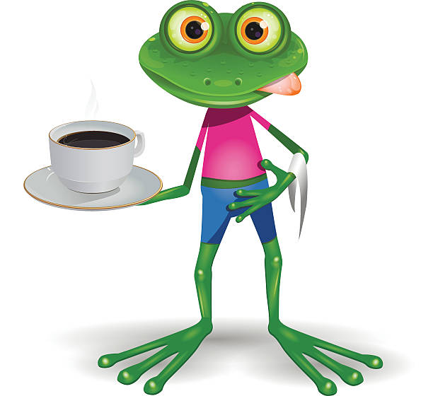 ilustrações, clipart, desenhos animados e ícones de sapo com uma xícara de café - frog sideways glance humor desire