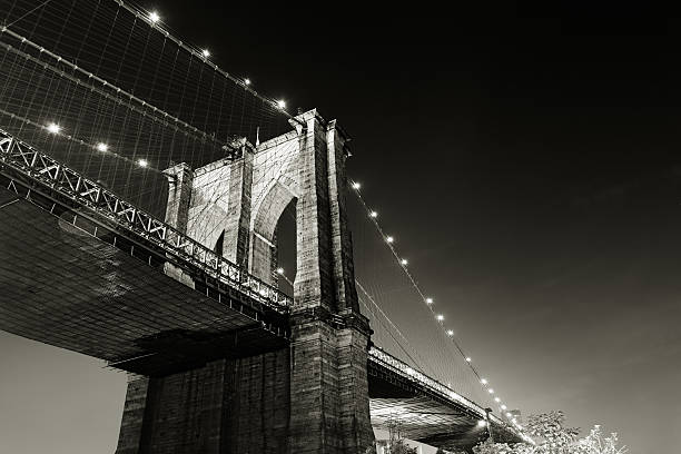 Brooklyn bridge, night shot. New york city Brooklyn Bridge, New York City, Brooklyn side, low angle shot. Canon 5D MK III brooklyn bridge photos stock pictures, royalty-free photos & images