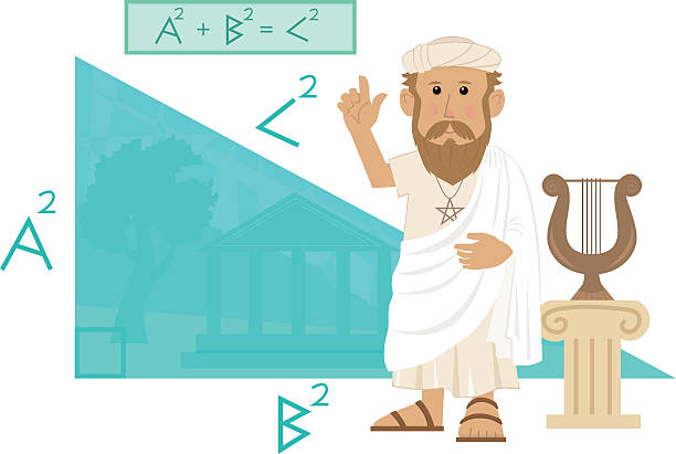 Pythagoras Cute cartoon of Pythagoras pointing at his formula and a big right angled triangle with Greece landscape in the background. Eps10 pythagoras stock illustrations