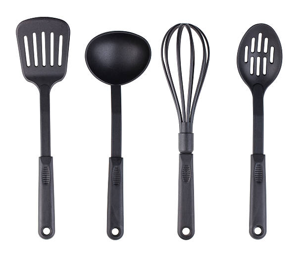 ensemble de vaisselle de plastique noir - kitchen utensil photos et images de collection