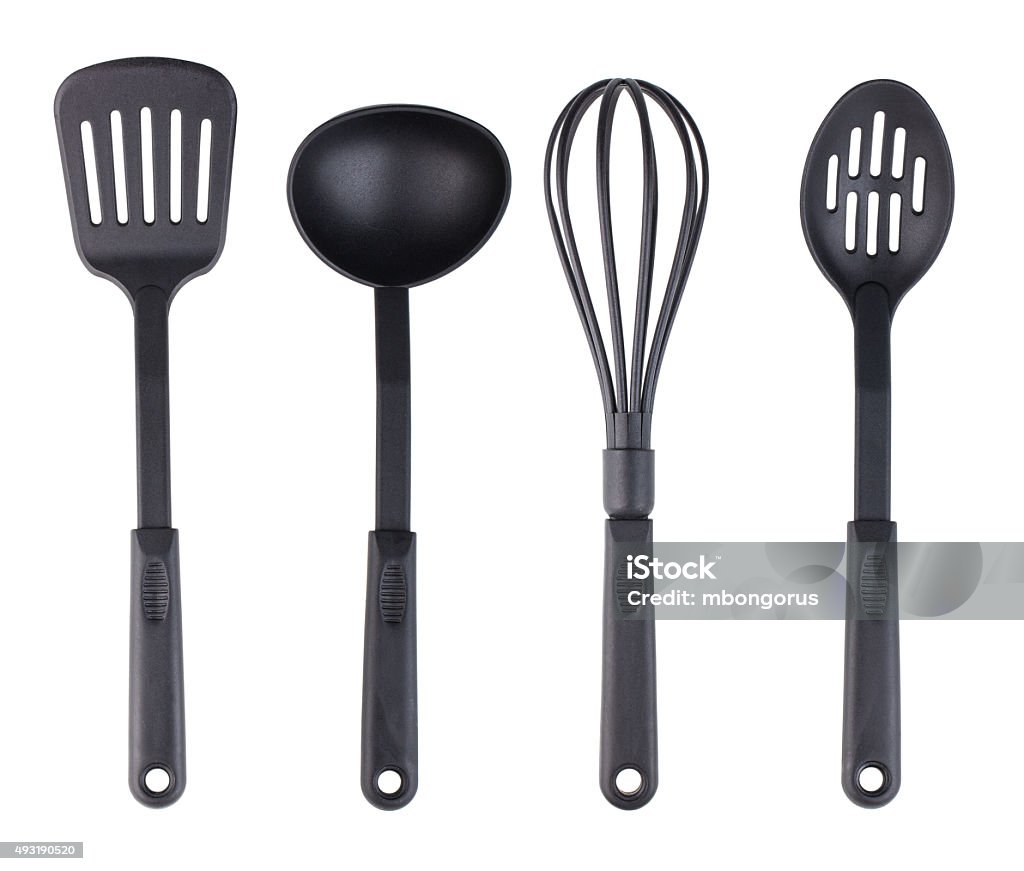 Plastic black kitchenware set Plastic black kitchenware collection isolated on white background Kitchen Utensil Stock Photo